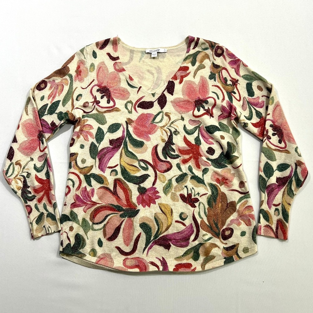 Chico's Pullover Sweater Floral Metallic V-Neck Multicolor Women Size 0 S